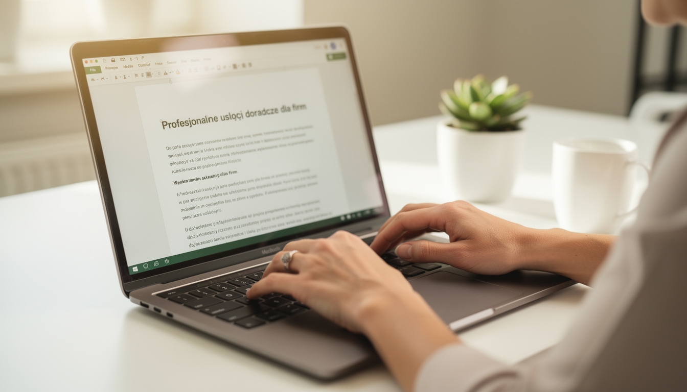Pisanie tekstu ofertowego na laptopie w nowoczesnym biurze